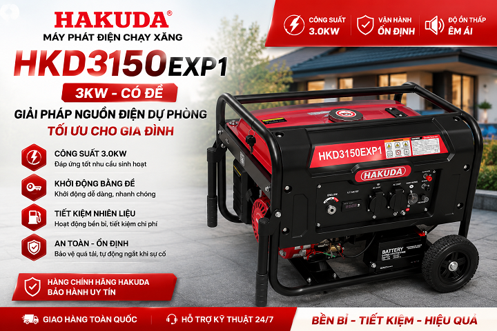 Máy Phát Điện Chạy Xăng HAKUDA HKD3150EXP1 3KW Đề – Nguồn Điện Dự Phòng Tối Ưu Cho Gia Đình