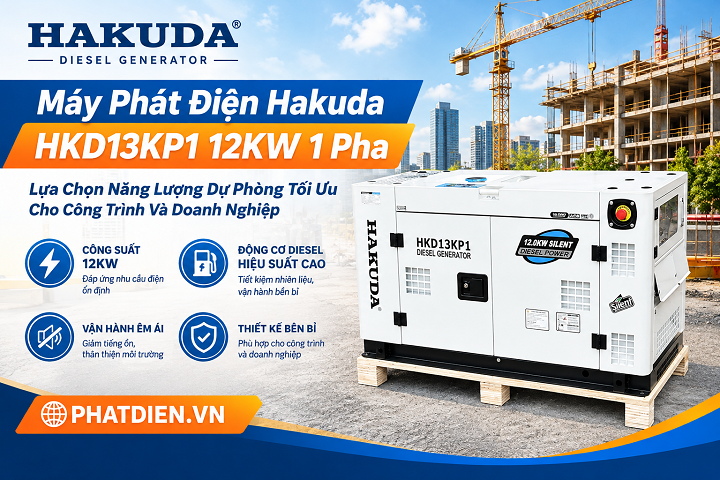 Máy Phát Điện Hakuda HKD13KP1 12KW 1 Pha – Lựa Chọn Năng Lượng Dự Phòng Tối Ưu Cho Công Trình Và Doanh Nghiệp