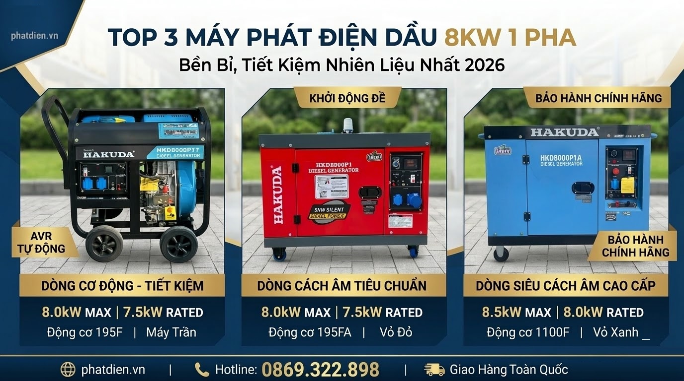 Top 3 Máy Phát Điện Dầu 8kW 1 Pha Bền Bỉ, Tiết Kiệm Nhiên Liệu Nhất 2026