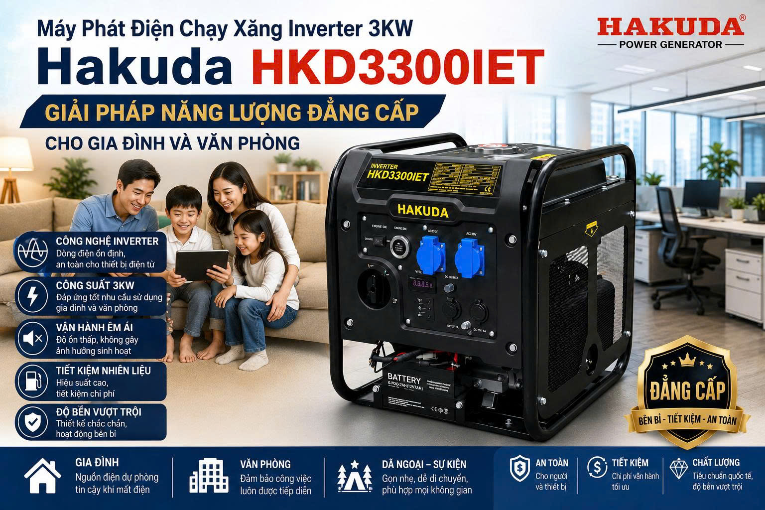 Máy Phát Điện Chạy Xăng Inverter 3KW Hakuda HKD3300IET: Giải Pháp Năng Lượng Đẳng Cấp Cho Gia Đình Và Văn Phòng