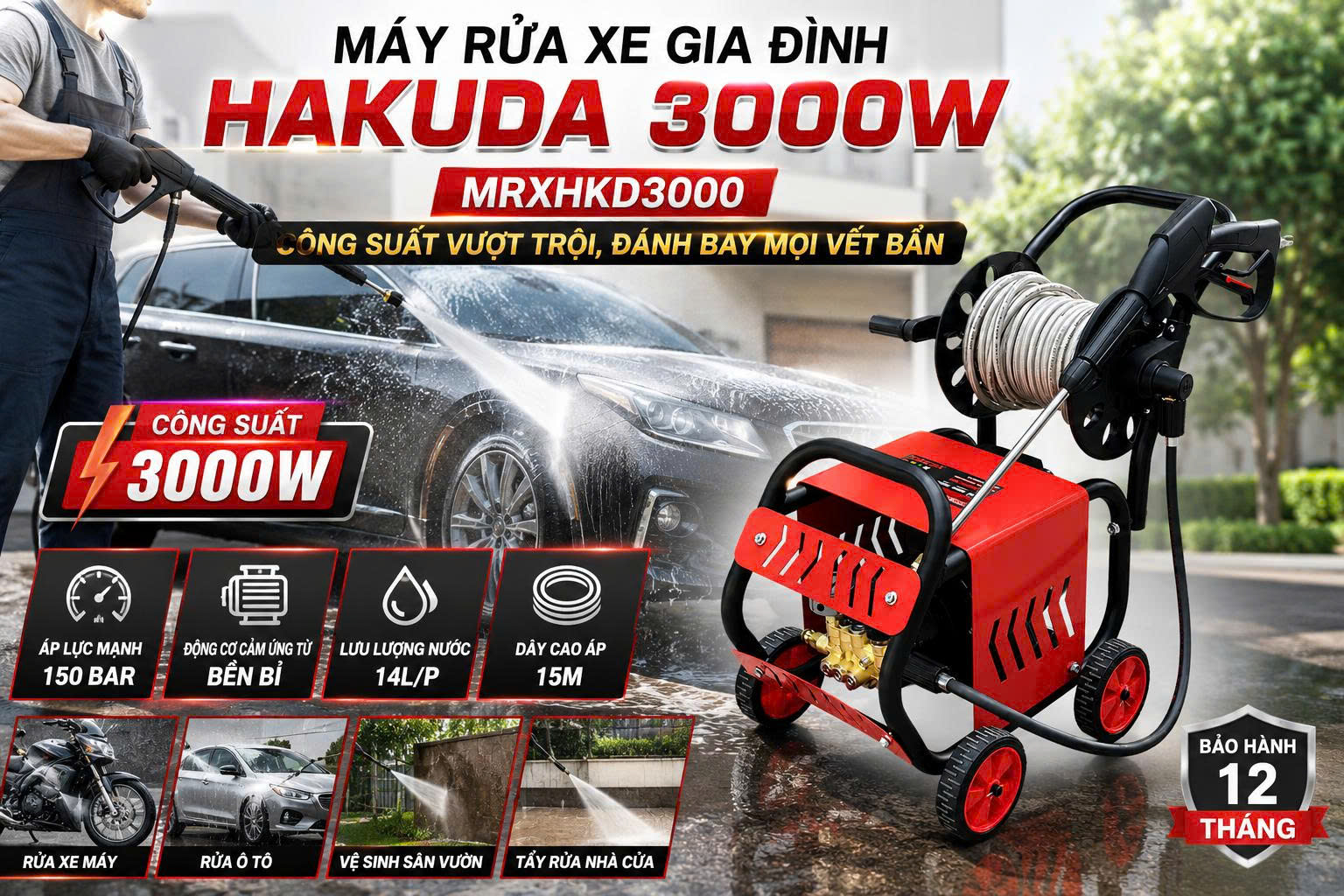 Máy Rửa Xe Gia Đình Hakuda 3000W MRXHKD3000 – Công Suất Vượt Trội, Đánh Bay Mọi Vết Bẩn