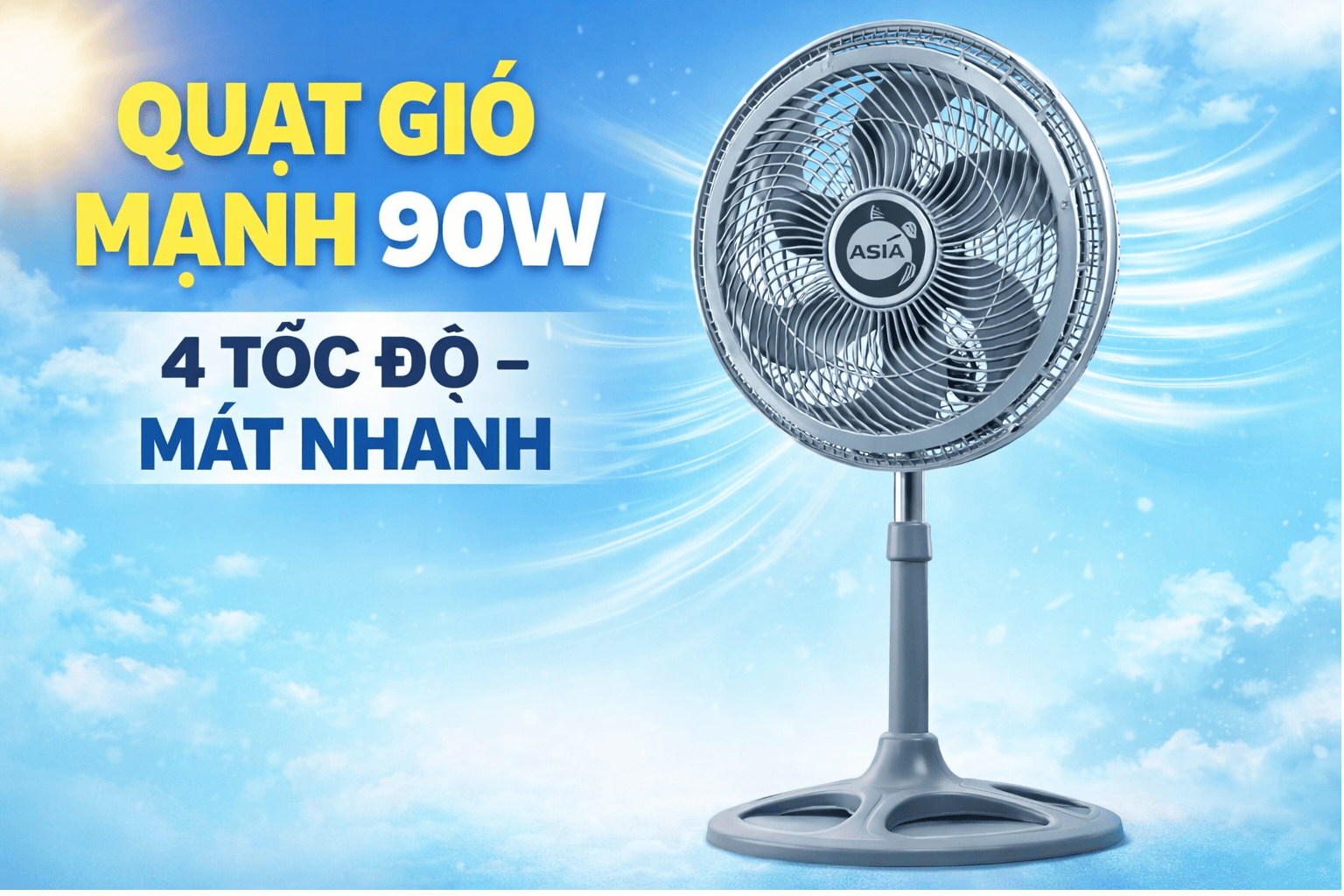 Quạt đứng ASIA TURBO PLUS 90W – Gió mạnh, 4 tốc độ, lồng nhựa không rỉ sét
