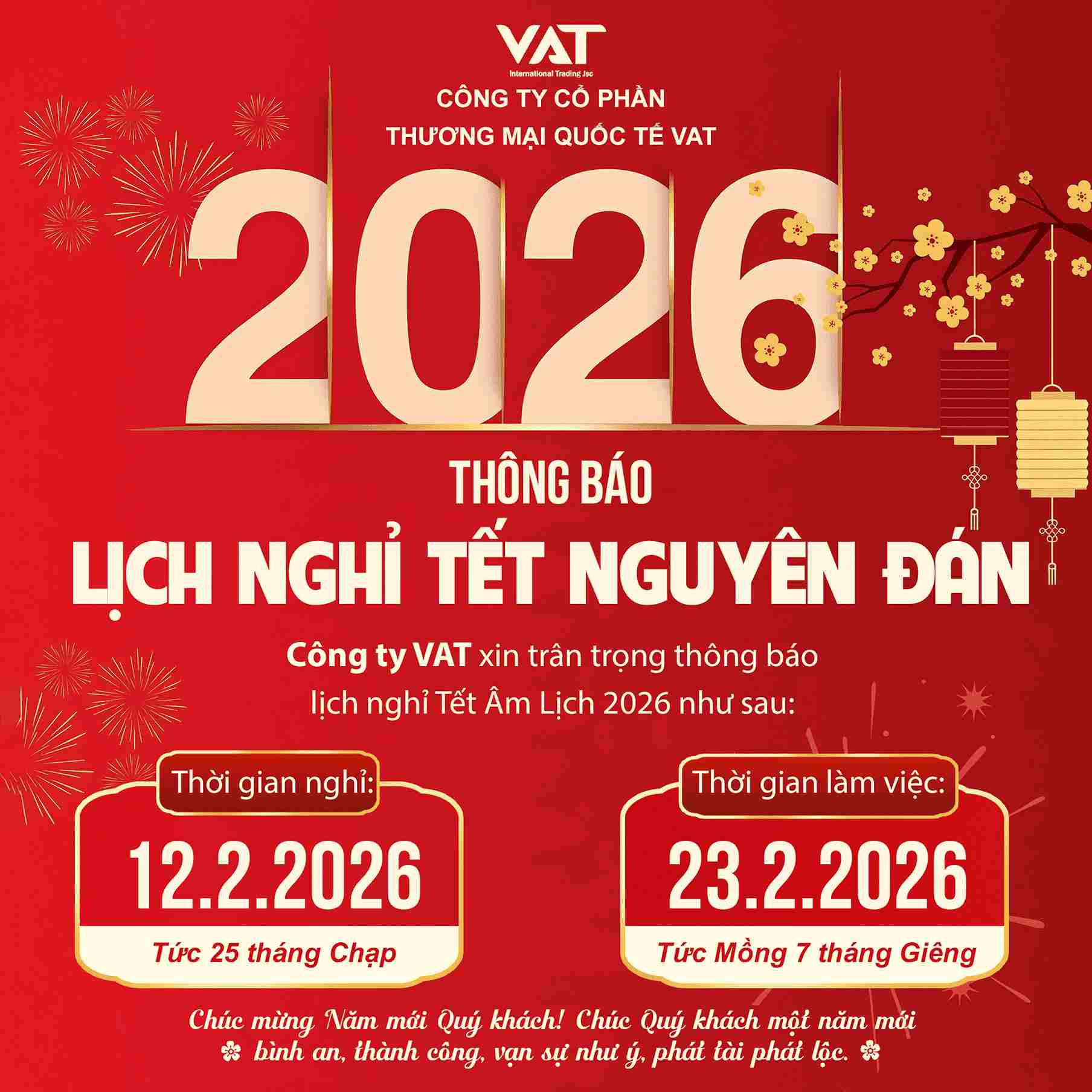  THÔNG BÁO LỊCH NGHỈ TẾT NGUYÊN ĐÁN BÍNH NGỌ 2026 