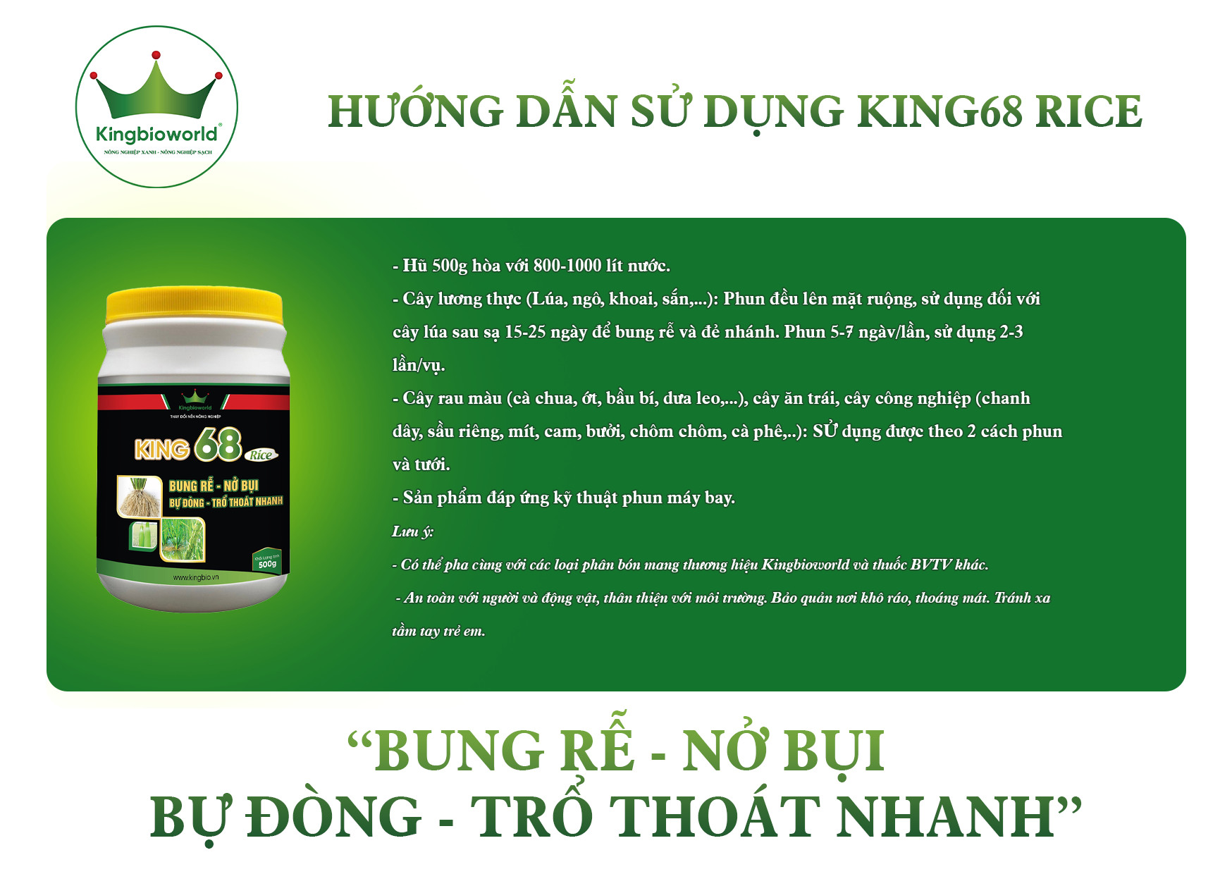 King 68 Rice - Thuốc kích rễ, Nở bụi to, đẻ nhánh nhanh, kích to đòng, bự đòng trổ thoát nhanh