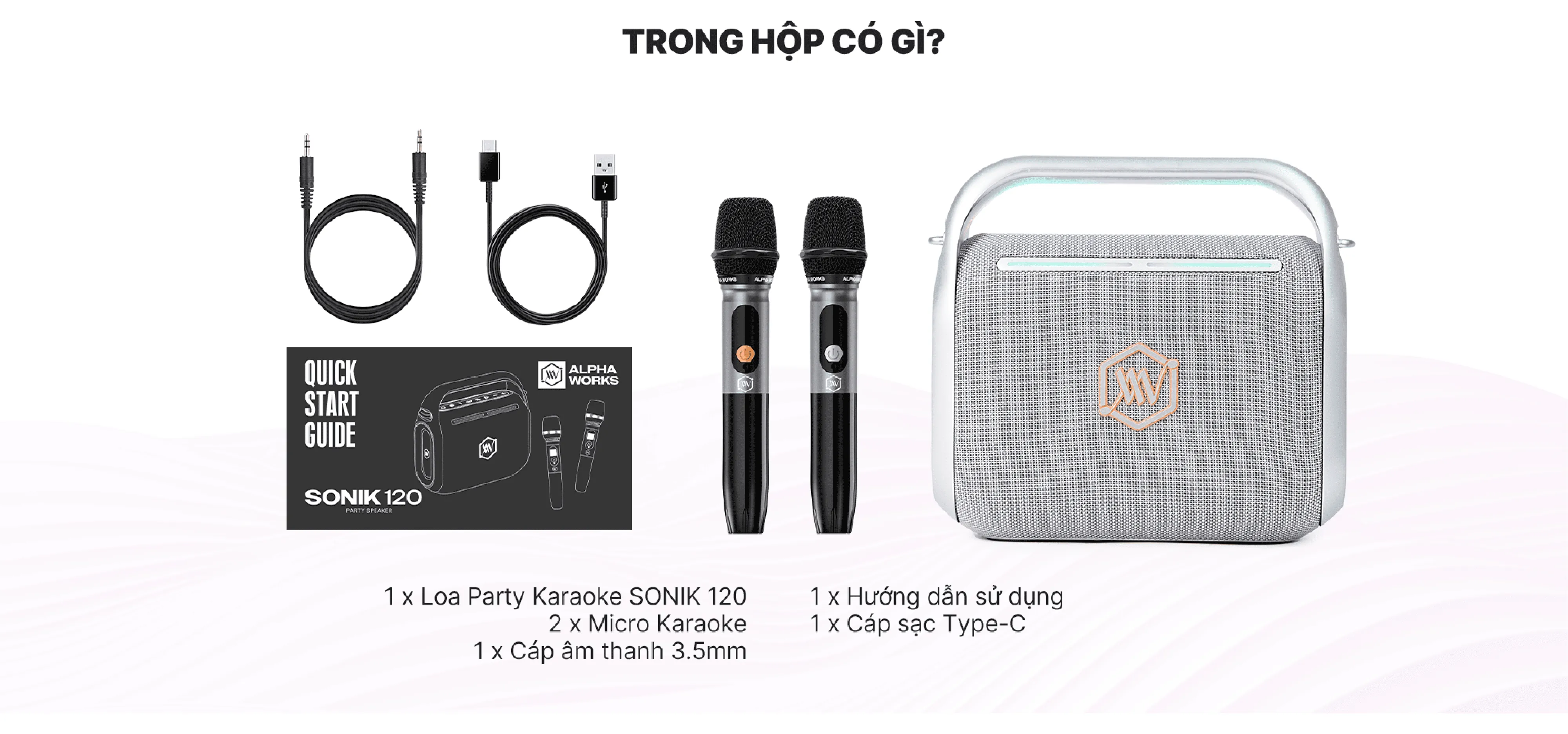 2 x Micro không dây
1 x Loa Alpha Works Sonik 120
1 x Hướng dẫn sử dụng
1 x Cáp sạc Type-C