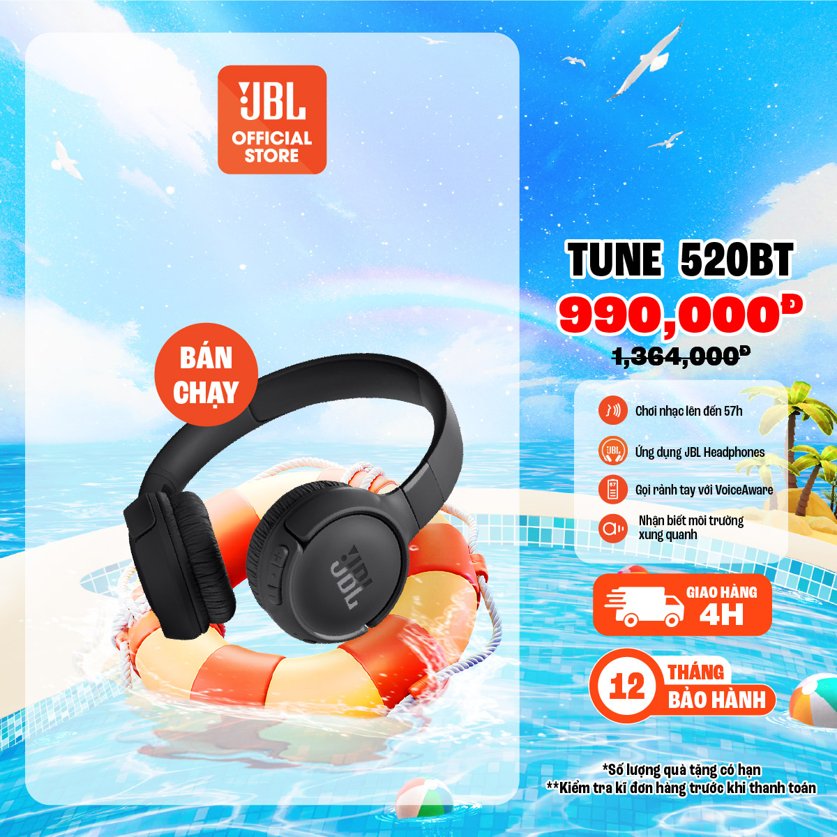 Tai Nghe bluetooth chụp tai JBL Tune 520BT - Hàng Chính Hãng