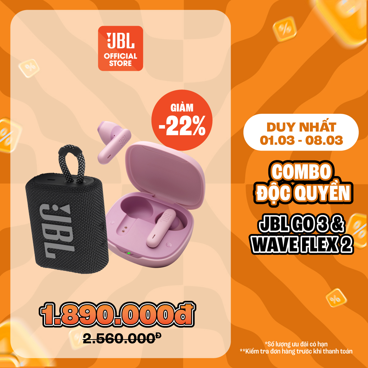 [COMBO 8.3] COMBO LOA BLUETOOTH GO 3 & TAI NGHE BLUETOOTH JBL WAVE FLEX 2