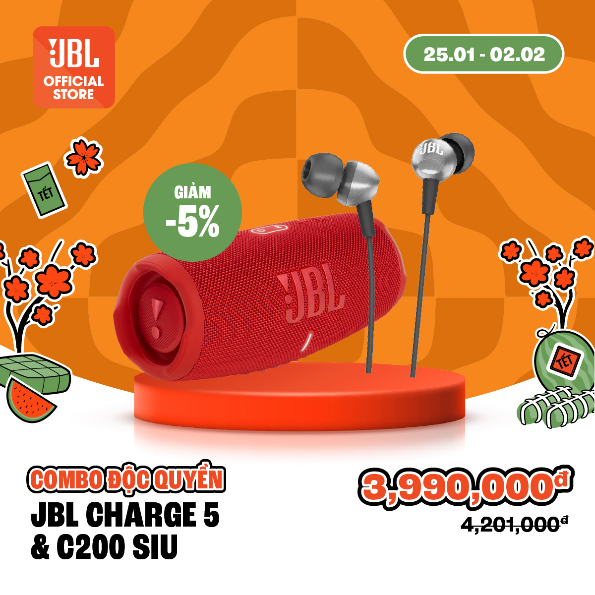 [COMBO ĐỘC QUYỀN 17] COMBO LOA BLUETOOTH CHARGE 5 & TAI NGHE BLUETOOTH JBL C200SIU