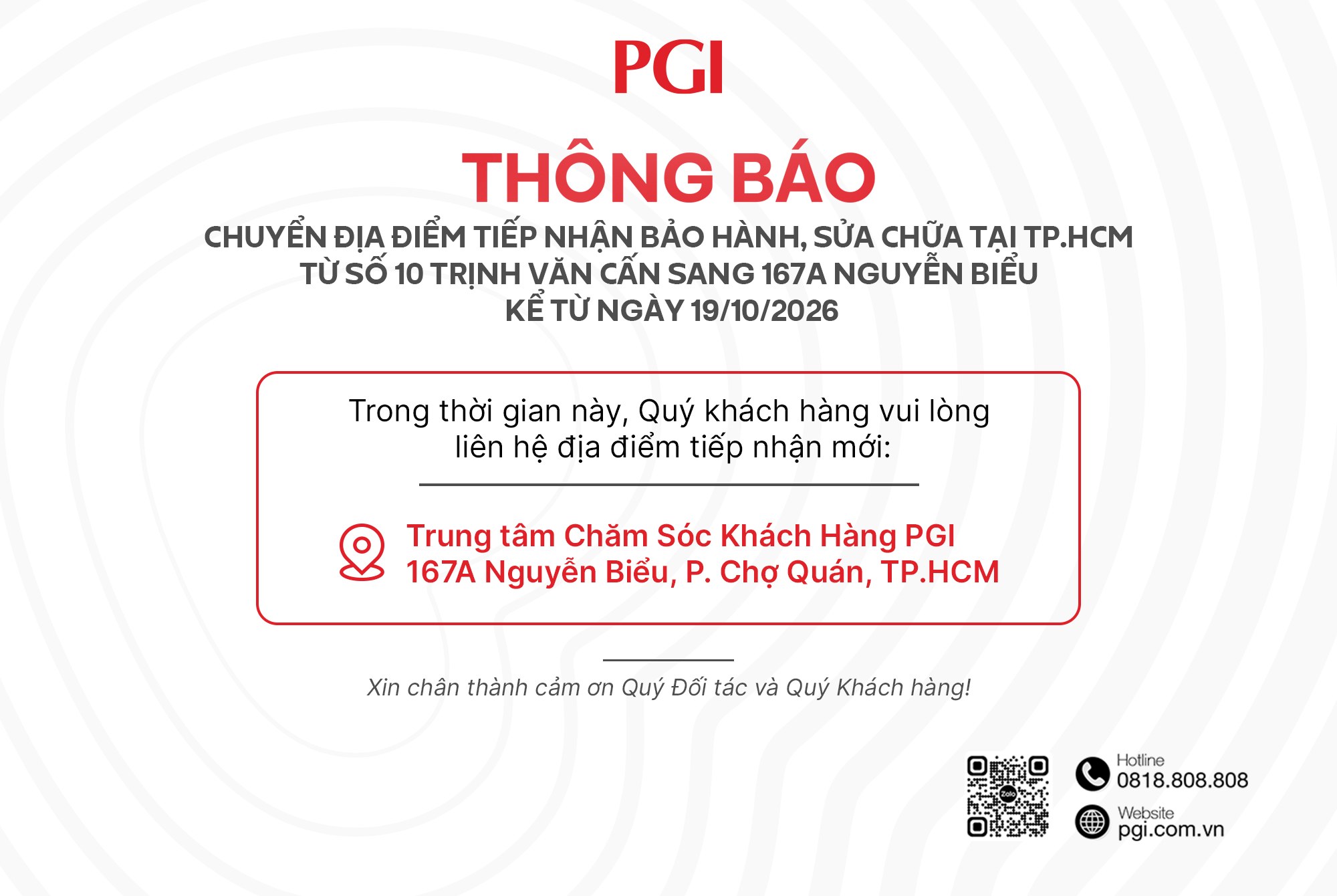 THÔNG BÁO CHUYỂN ĐỊA ĐIỂM TIẾP NHẬN BẢO HÀNH, SỬA CHỮA TỪ SỐ 10 TRỊNH VĂN CẤN SANG 167A NGUYỄN BIỂU KỂ TỪ NGÀY 19/10/2026