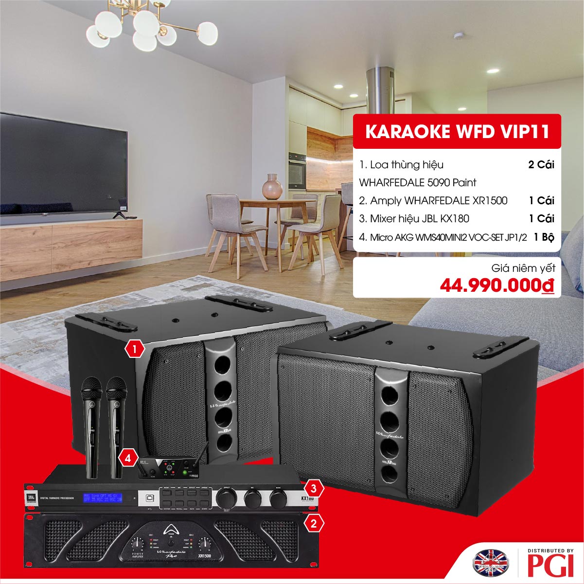 KARA WFD VIP11 - Combo Karaoke (Loa Wharfedale 5090 + WFD XR1500 + JBL KX180 + Mic AKG MINI2VOC) - Hàng Chính hãng PGI
