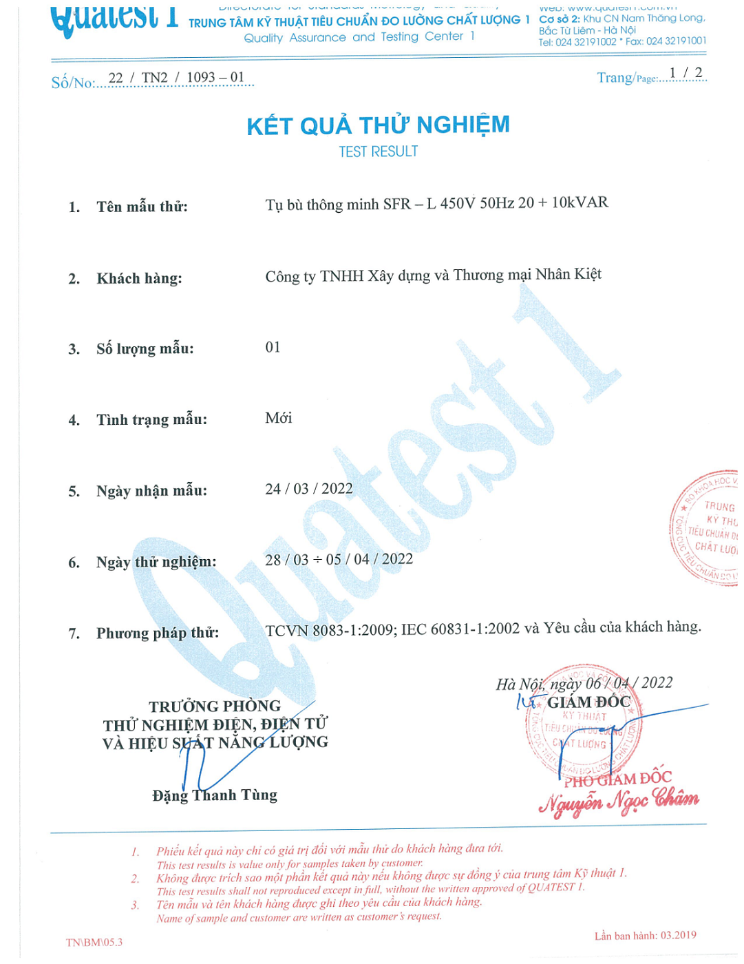 Kết Quả Thử Nghiệm Tụ bù SFR-L
