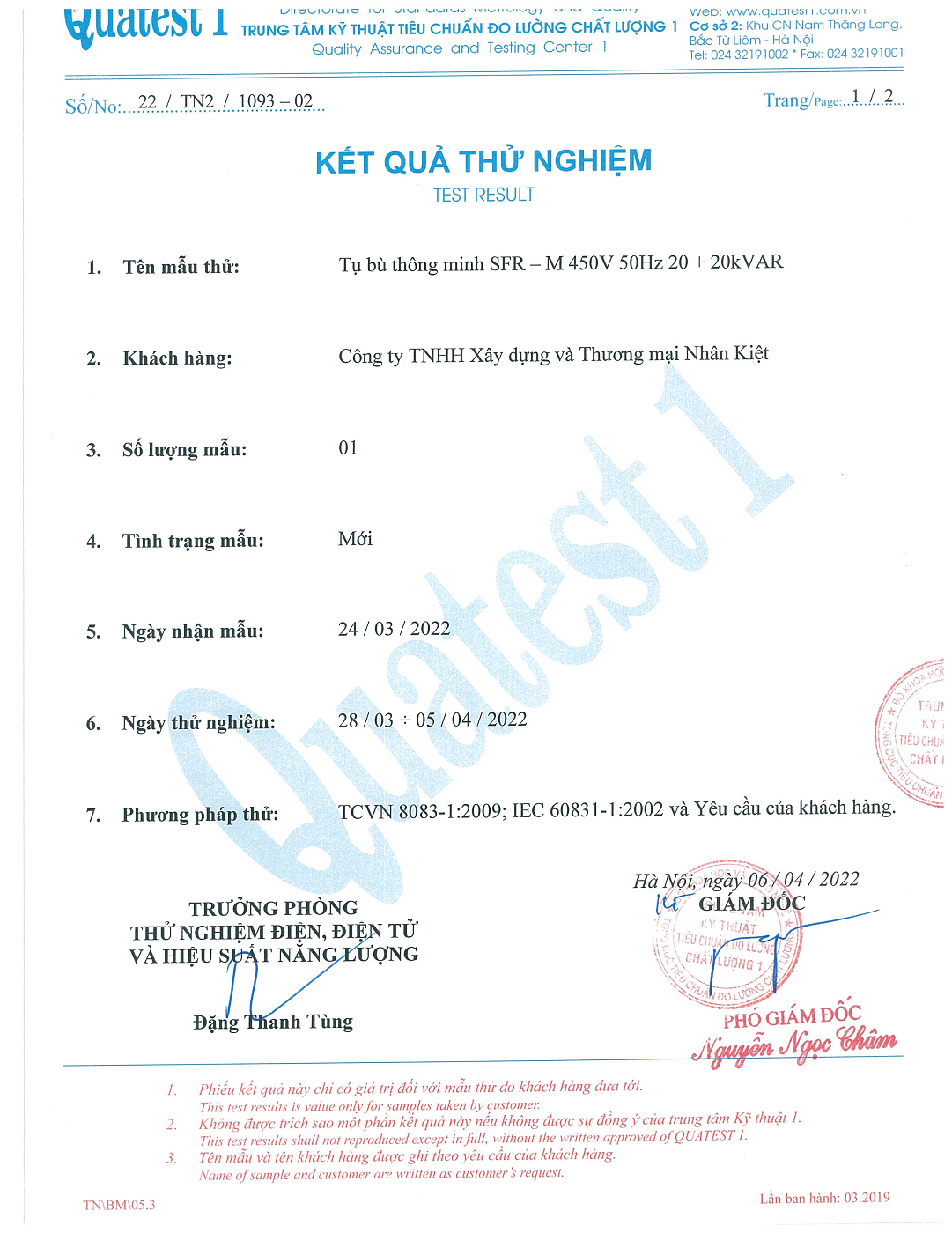 Kết Quả Thử Nghiệm Tụ bù kèm cuộn kháng SFR-M
