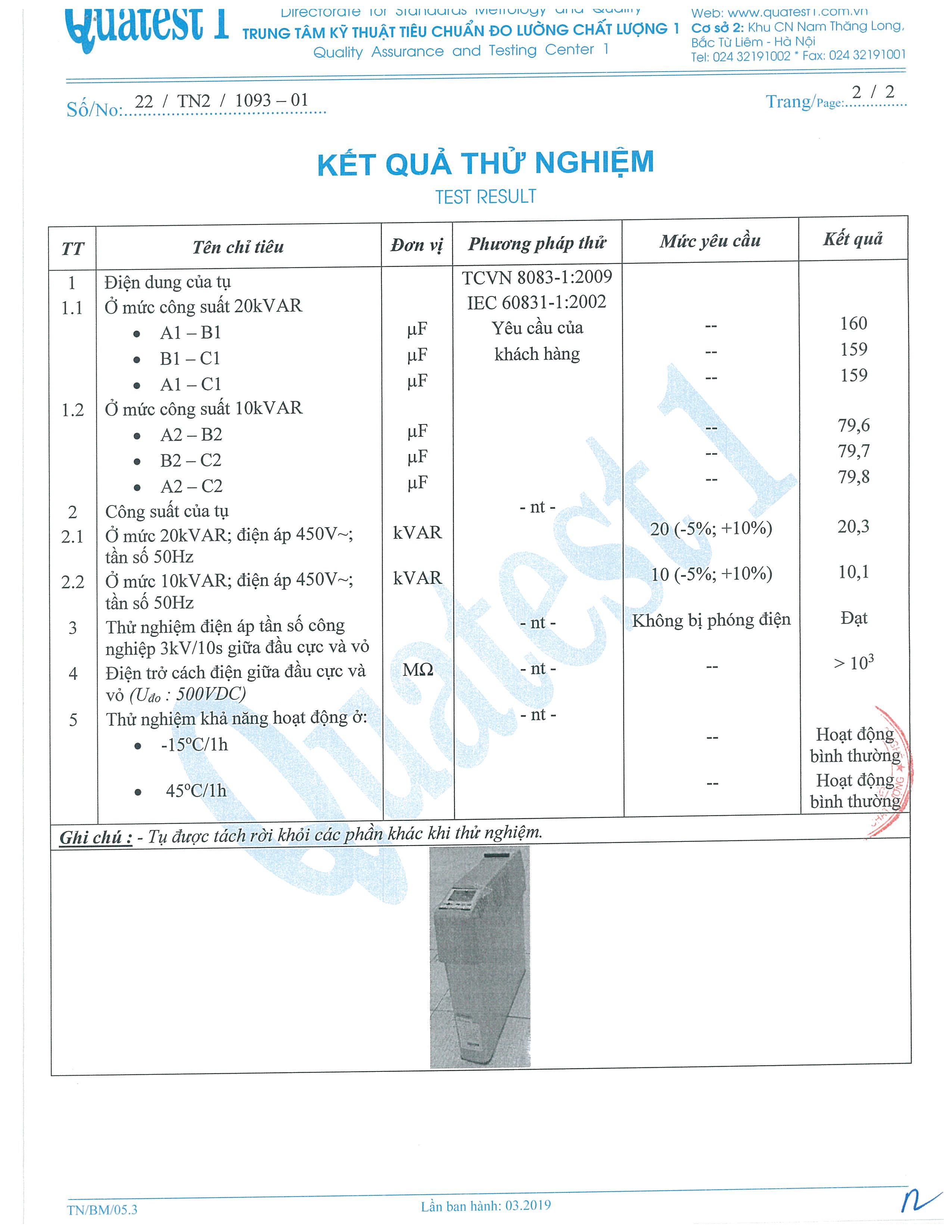 Kết Quả Thử Nghiệm Tụ bù SFR-L