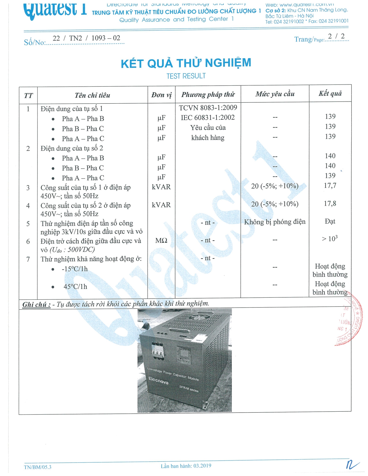 Kết Quả Thử Nghiệm Tụ bù kèm cuộn kháng SFR-M