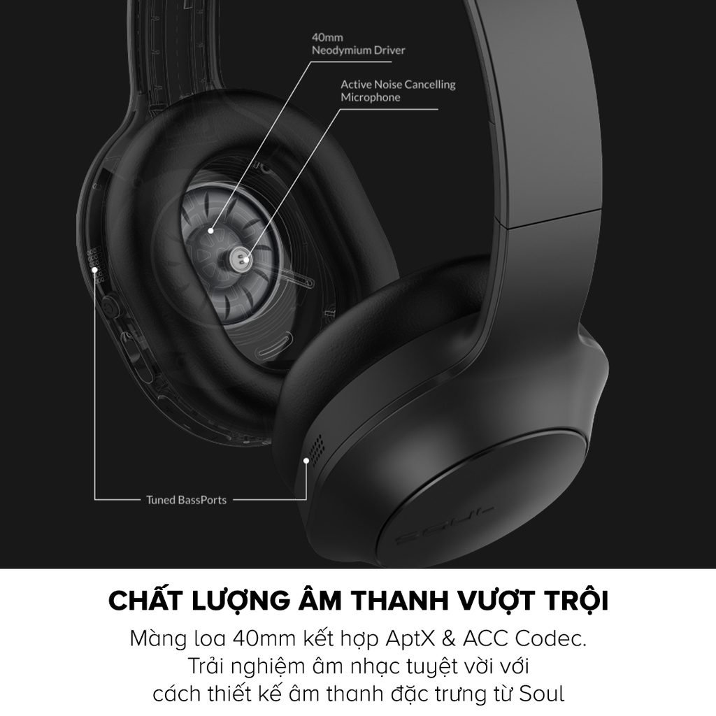 Tai Nghe Headphone Bluetooth SOUL Emotion Max, Driver 40mm, Chống Ồn Chủ Động + Quancomm CvC 8.0 - Hàng Chính Hãng