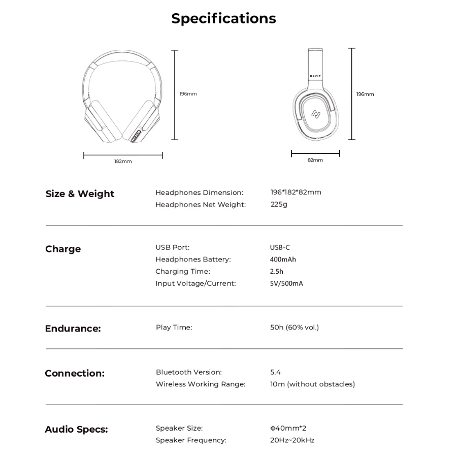Tai Nghe Headphone Bluetooth HAVIT H612BT, Âm thanh Stereo, Nghe Đến 50 giờ, App Havit Life - Hàng Chính Hãng