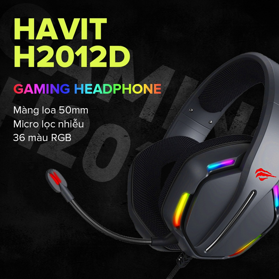 Tai Nghe Gaming Headphone HAVIT H2012D, Driver 50mm, Đèn RGB 36 Chế Độ Màu, Mic Khử Ồn - Chính Hãng BH 12 Tháng Dizigear