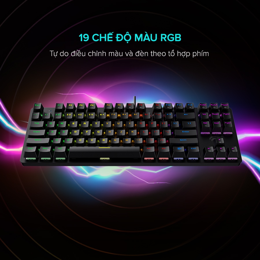 Bàn Phím Cơ Gaming HAVIT KB869L, 87 Keys, 14 Chế Độ Led Backlit Rainbow, Tuổi Thọ Phím 50.000.000 Lần - Chính Hãng BH 12 Tháng Dizigear