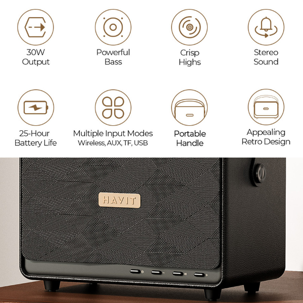 Loa Bluetooth HAVIT Classic II, BT 5.3, Công Suất 30W, Thiết Kế Retro, Âm Bass Sống Động, Nghe Đến 25H - Hàng Chính Hãng
