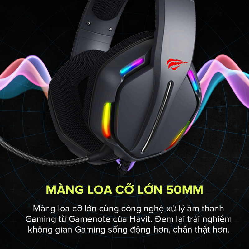 Tai Nghe Gaming Headphone HAVIT H2012D, Driver 50mm, Đèn RGB 36 Chế Độ Màu, Mic Khử Ồn - Chính Hãng BH 12 Tháng Dizigear