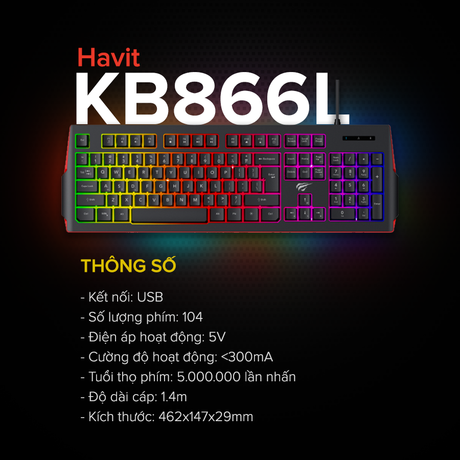 Bàn Phím Gaming RGB HAVIT KB866L, 104 Keys, Led Backlit Rainbow, Thiết Kế Công Thái Học, Tổ Hợp Phím Fn - Chính Hãng BH 12 Tháng Dizigear