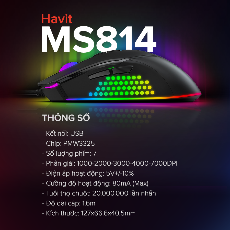 Chuột Gaming HAVIT MS814, 16 Triệu Màu RGB, 6 Chế Độ DPI, Tích Hợp 7 Nút Điều Chỉnh
