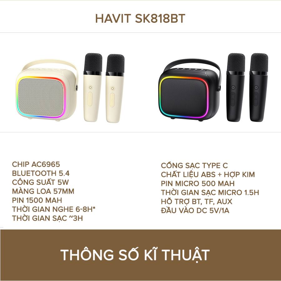 Loa Karaoke Mini HAVIT SK818, BT 5.4, Màng Loa 57mm, Công Suất 5W, Âm Thanh Sống Động, Nghe Đến 8H - Hàng Chính Hãng (2 Mic)