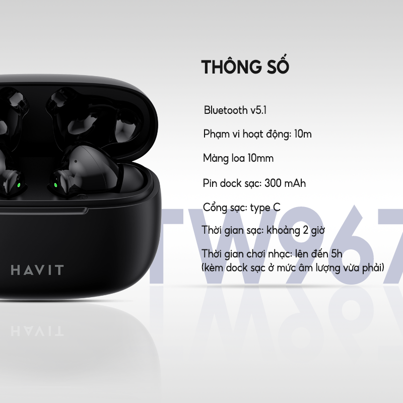 Tai Nghe TWS Havit TW967 BT 5.0, Thiết Kế Công Thái Học, Driver 10mm, Nghe Nhạc Đến 5H - Chính Hãng BH 12 Tháng Dizigear