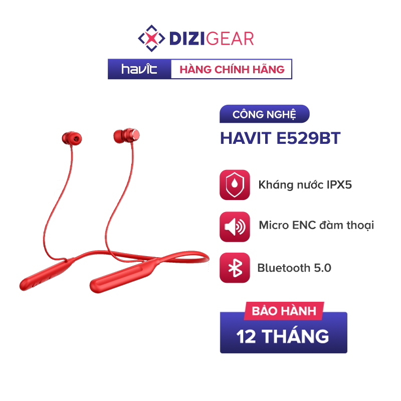 Tai Nghe Nhét Tai Bluetooth HAVIT E529BT, BT 5.0, Tích Hợp Micro, Kháng IPX5, Nghe Nhạc Đến 14h - Chính Hãng BH 12 Tháng Dizigear