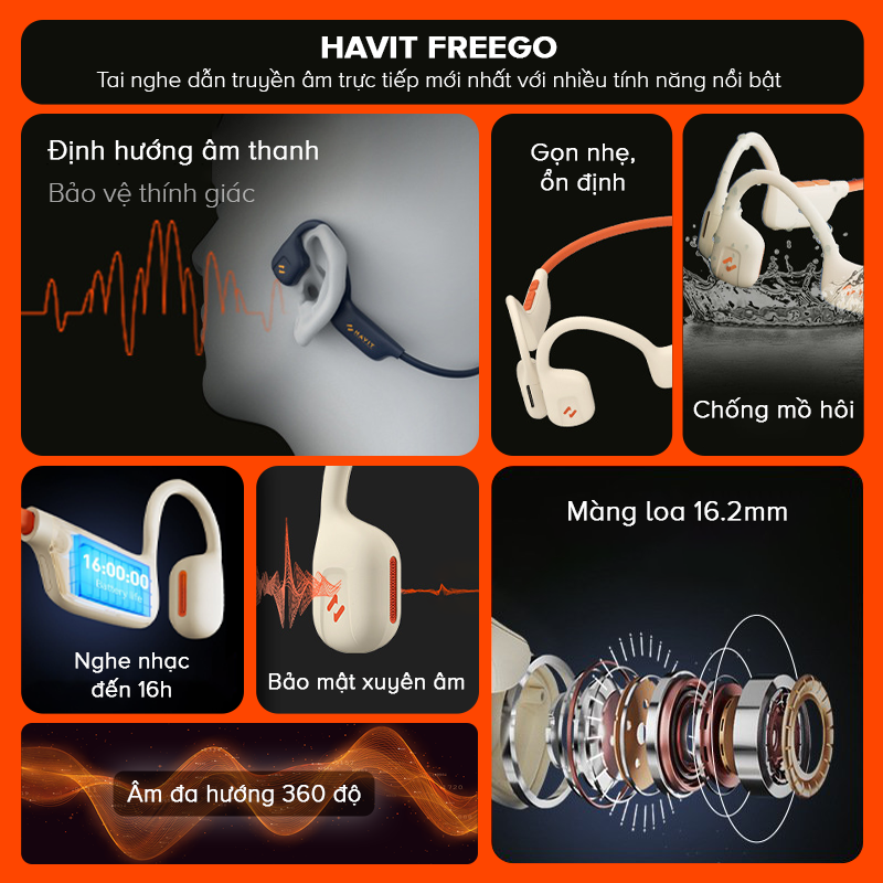 Tai Nghe Dẫn Khí Truyền Âm HAVIT FreeGo1, Thiết Kế Open-Ear, BT 5.2, Driver 16.2mm, Nghe Nhạc Đến 16H - Hàng Chính Hãng
