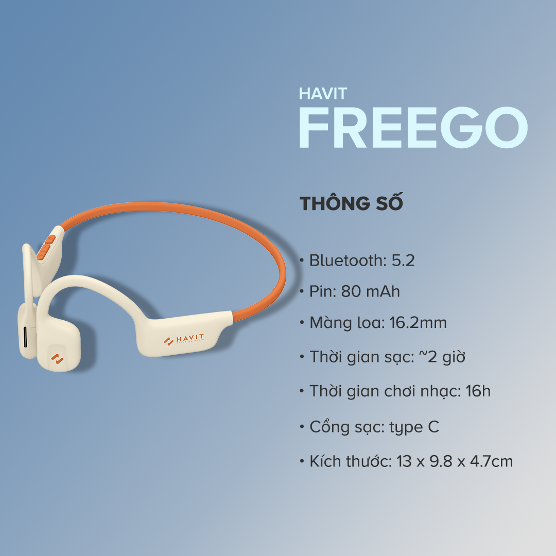 Tai Nghe Dẫn Khí Truyền Âm HAVIT FreeGo1, Thiết Kế Open-Ear, BT 5.2, Driver 16.2mm, Nghe Nhạc Đến 16H - Hàng Chính Hãng