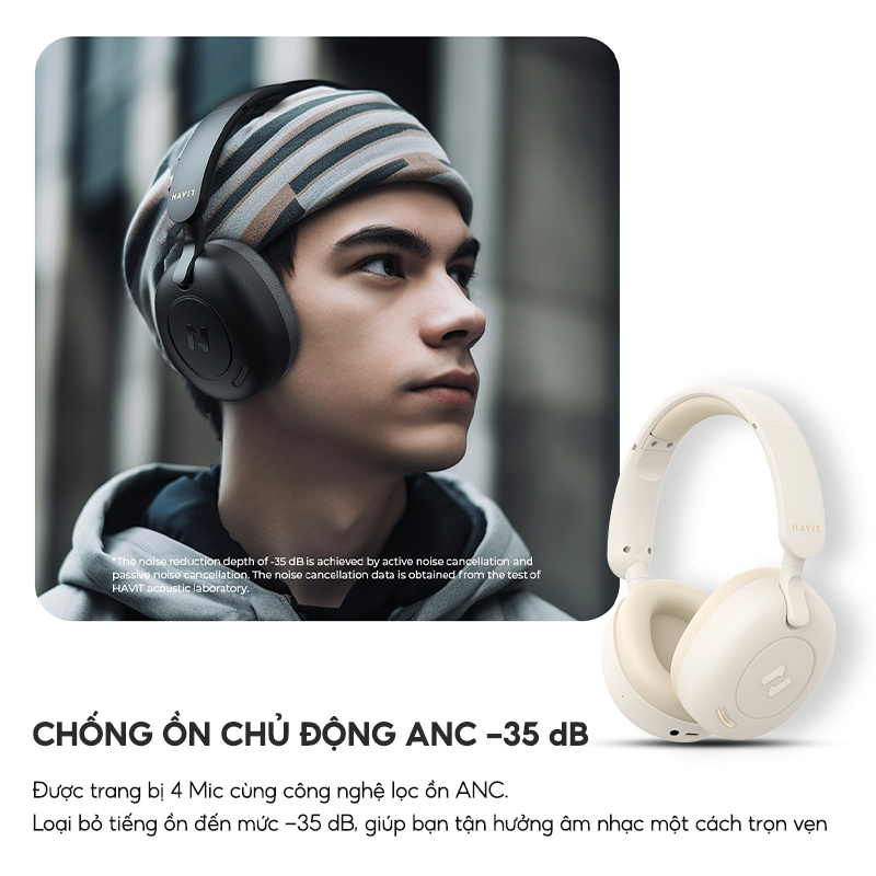 Tai Nghe Headphone Bluetooth HAVIT H655BT, BT 5.3, Chống Ồn Chủ Động Hybrid ANC, Gamemode 60ms, Nghe Đến 65H - Hàng Chính Hãng Dizigear