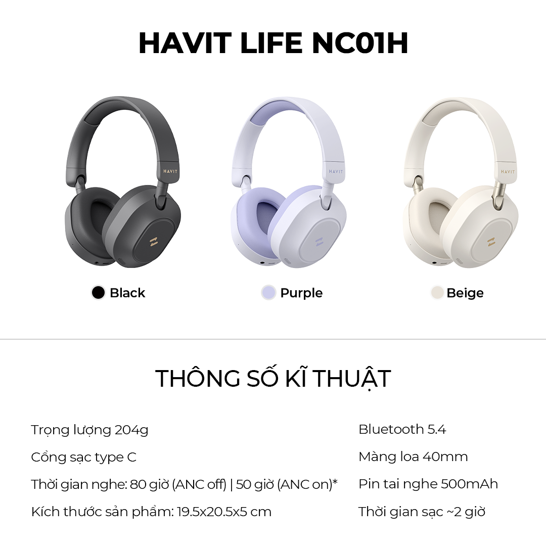 Tai Nghe Headphone Bluetooth LIFE NC01H, BT 5.4, Màng Loa 40mm, Chống Ồn ANC, Nghe Đến 80H - Chính Hãng BH 12 Tháng
