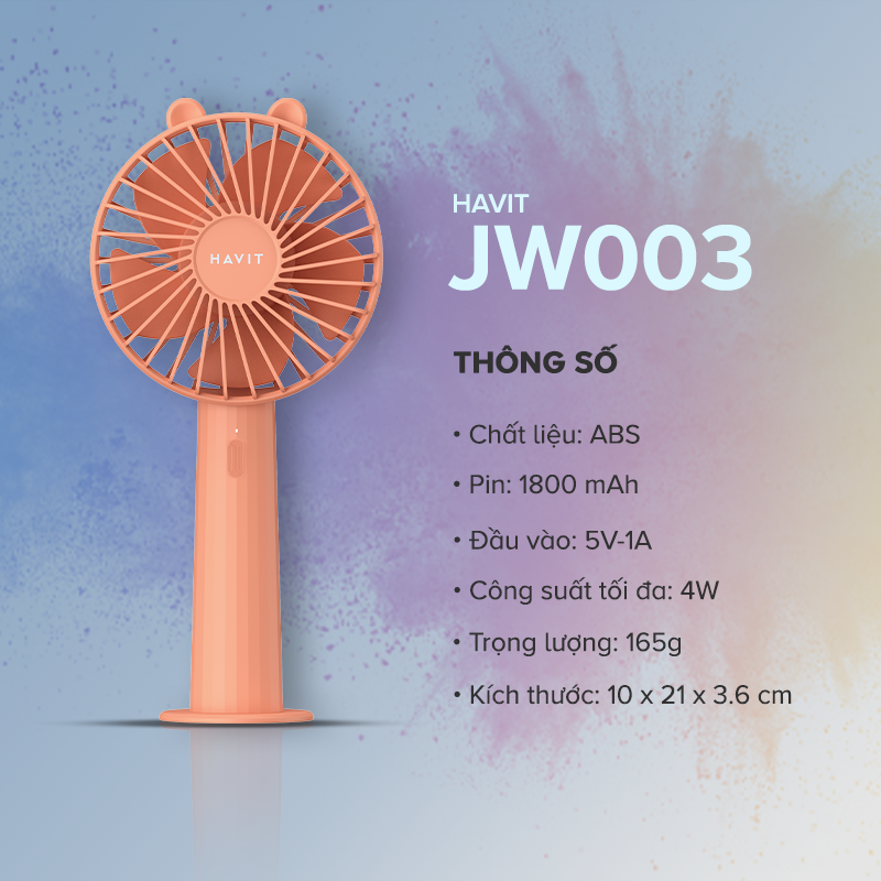 Quạt Sạc Mini Cầm Tay Havit JW003, Pin 1800mAh, 3 Công Suất Gió - Chính Hãng BH 12 Tháng Dizigear