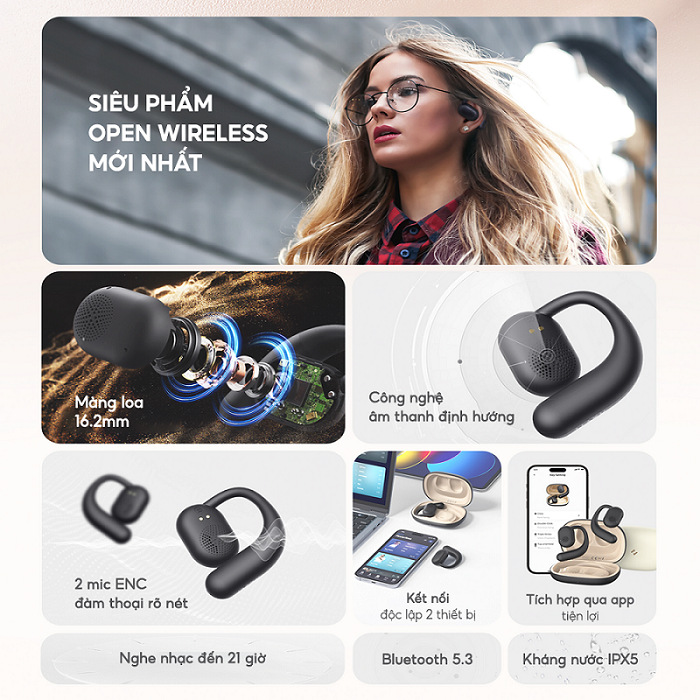 Tai Nghe TWS OWS Fit1, BT 5.3, Driver 16.2mm, Thiết Kế Open-ear Thời Trang, IPX5, Nghe Đến 21H - Hàng Chính Hãng