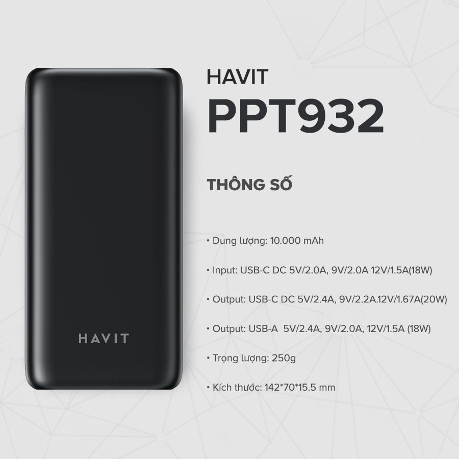 Pin Sạc Dự Phòng HAVIT PPT932 10.000 mAh, 2 Cổng Sạc Tiện Lợi, Sạc Nhanh Type C 20W, Kiểu Dáng Gọn Nhẹ - Hàng Chính Hãng