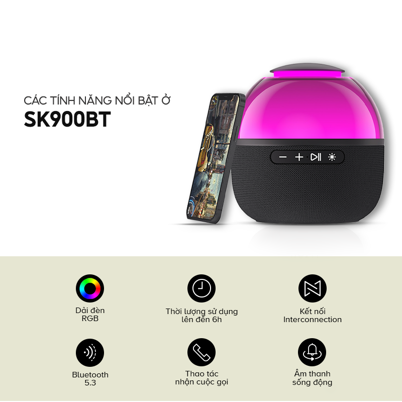 Loa Bluetooth HAVIT SK900BT, BT 5.3, Đèn RGB Công Suất Tối Đa 5W, Thời Gian Nghe Lên Đến 6H - Hàng Chính Hãng