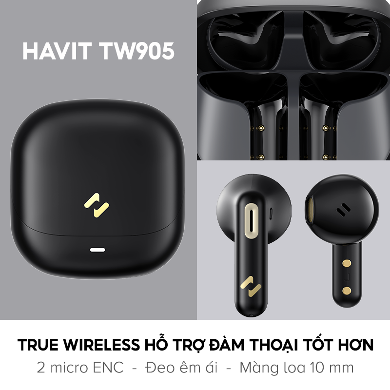 Tai Nghe TWS HAVIT TW905, BT 5.3, 2 Mic ENC Hỗ Trợ Đàm Thoại, Độ Trễ Thấp 60ms, Nghe Nhạc Đến 27H - Hàng Chính Hãng