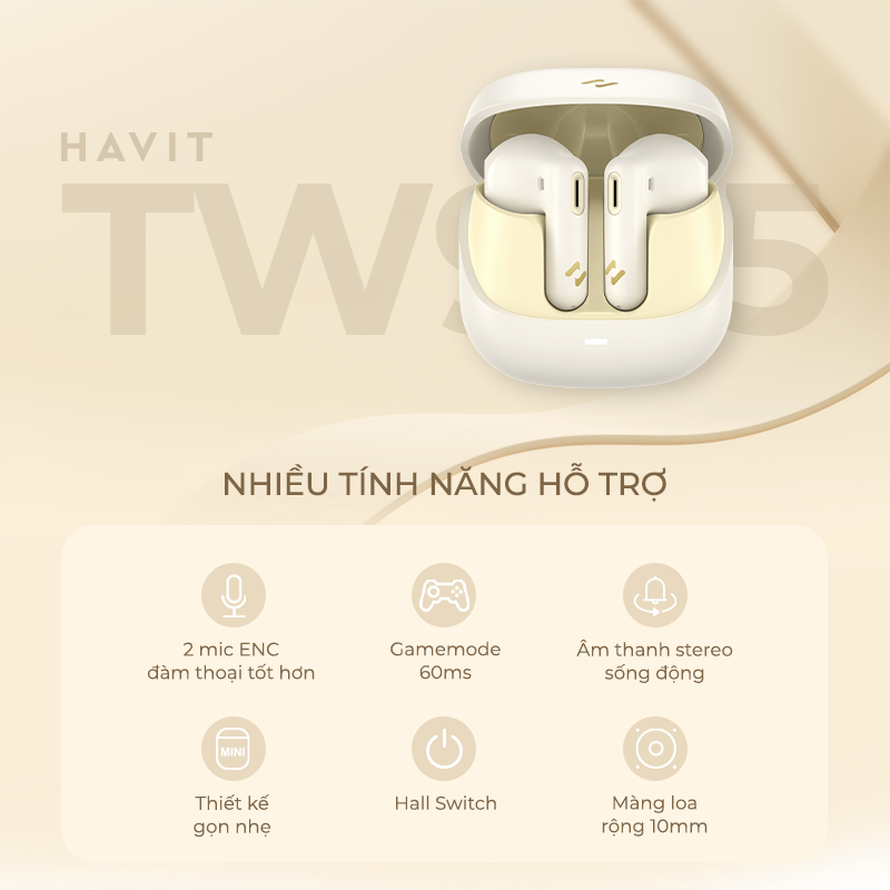 Tai Nghe TWS HAVIT TW905, BT 5.3, 2 Mic ENC Hỗ Trợ Đàm Thoại, Độ Trễ Thấp 60ms, Nghe Nhạc Đến 27H - Hàng Chính Hãng