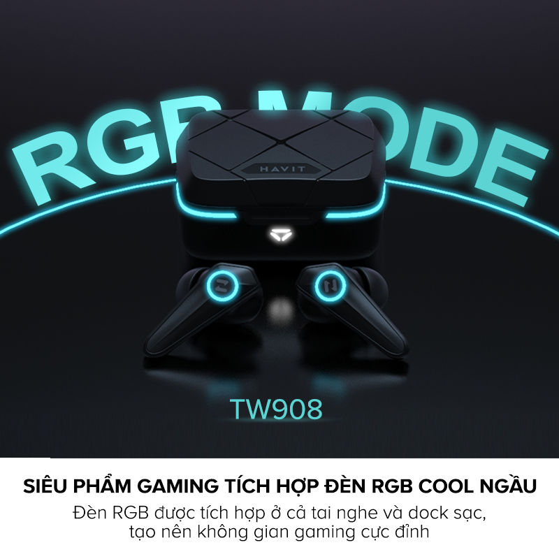 Tai Nghe Gaming TWS HAVIT TW908, BT 5.3, Gamemode 60ms, Đèn RGB, 2 Mic Khử Ồn, Nghe Đến 24H - Chính Hãng BH 12Th Dizigear