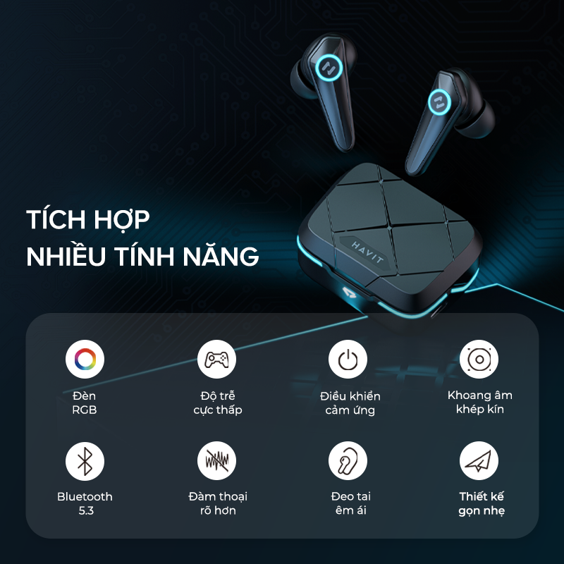 Tai Nghe Gaming TWS HAVIT TW908, BT 5.3, Gamemode 60ms, Đèn RGB, 2 Mic Khử Ồn, Nghe Đến 24H - Chính Hãng BH 12Th Dizigear