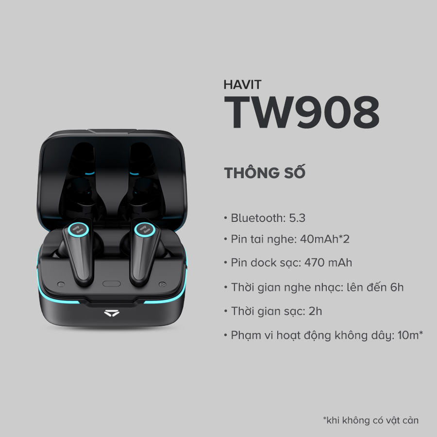 Tai Nghe Gaming TWS HAVIT TW908, BT 5.3, Gamemode 60ms, Đèn RGB, 2 Mic Khử Ồn, Nghe Đến 24H - Chính Hãng BH 12Th Dizigear
