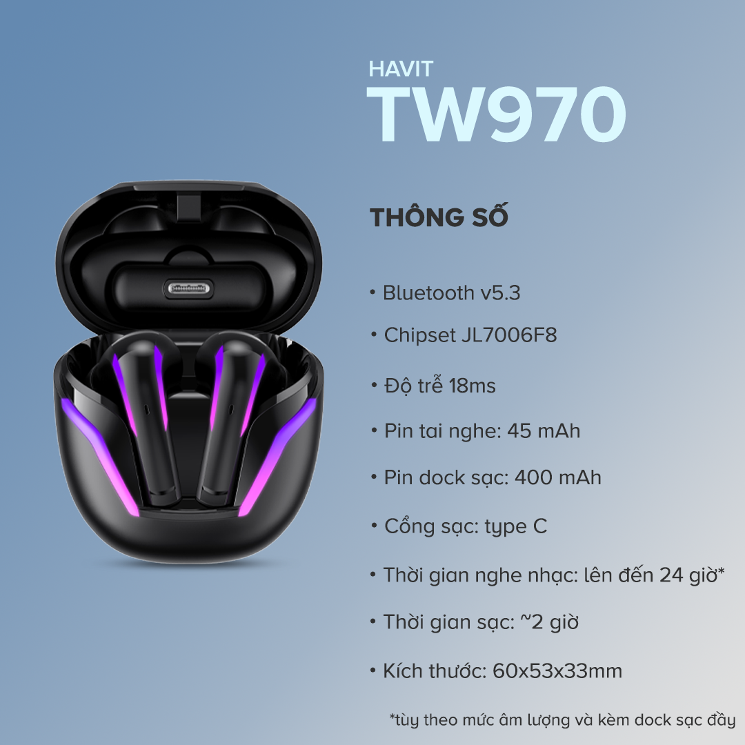 Tai nghe TWS HAVIT TW970, BT 5.3, Dongle Mode Độ Trễ 18ms, 2 Mic ENC + Đèn RGB, Nghe Nhạc Đến 24H - Hàng Chính Hãng