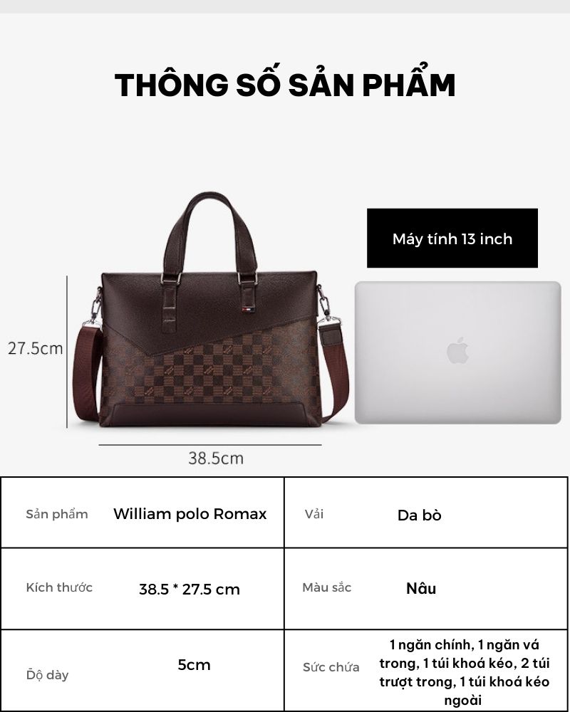 Túi Xách Nam Da Bò Hàng Hiệu William polo Romax GLH1144