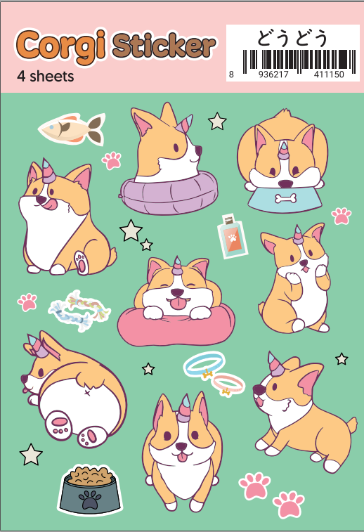 Set 4 Bảng Sticker Chó Corgi Dễ Thương