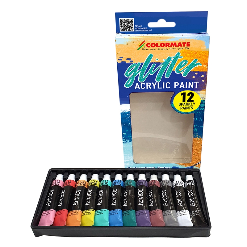 Hộp Giấy 12 Tuýp Glitter Acrylic Paint Colormate 11970