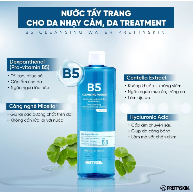 Nước Tẩy Trang Prettyskin B5 Cleansing Water - Phục Hồi, Dịu Nhẹ Da, Dành Cho Da Nhạy Cảm (500ml)