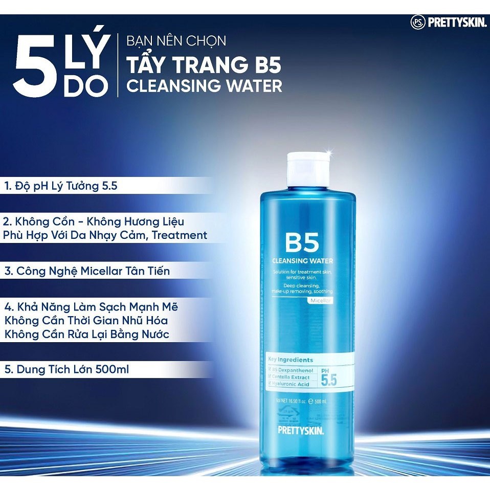 Nước Tẩy Trang Prettyskin B5 Cleansing Water - Phục Hồi, Dịu Nhẹ Da, Dành Cho Da Nhạy Cảm (500ml)