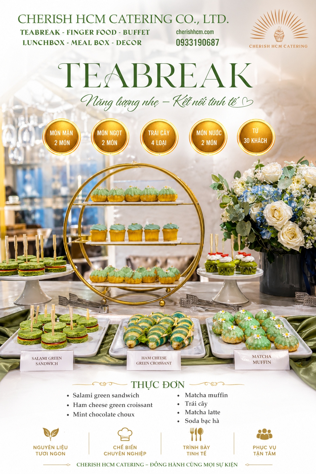 061124 Tiệc teabreak Exquisite - 2 món mặn, 2 món ngọt, Trái cây, 2 món nước - Phù hợp từ 30 khách