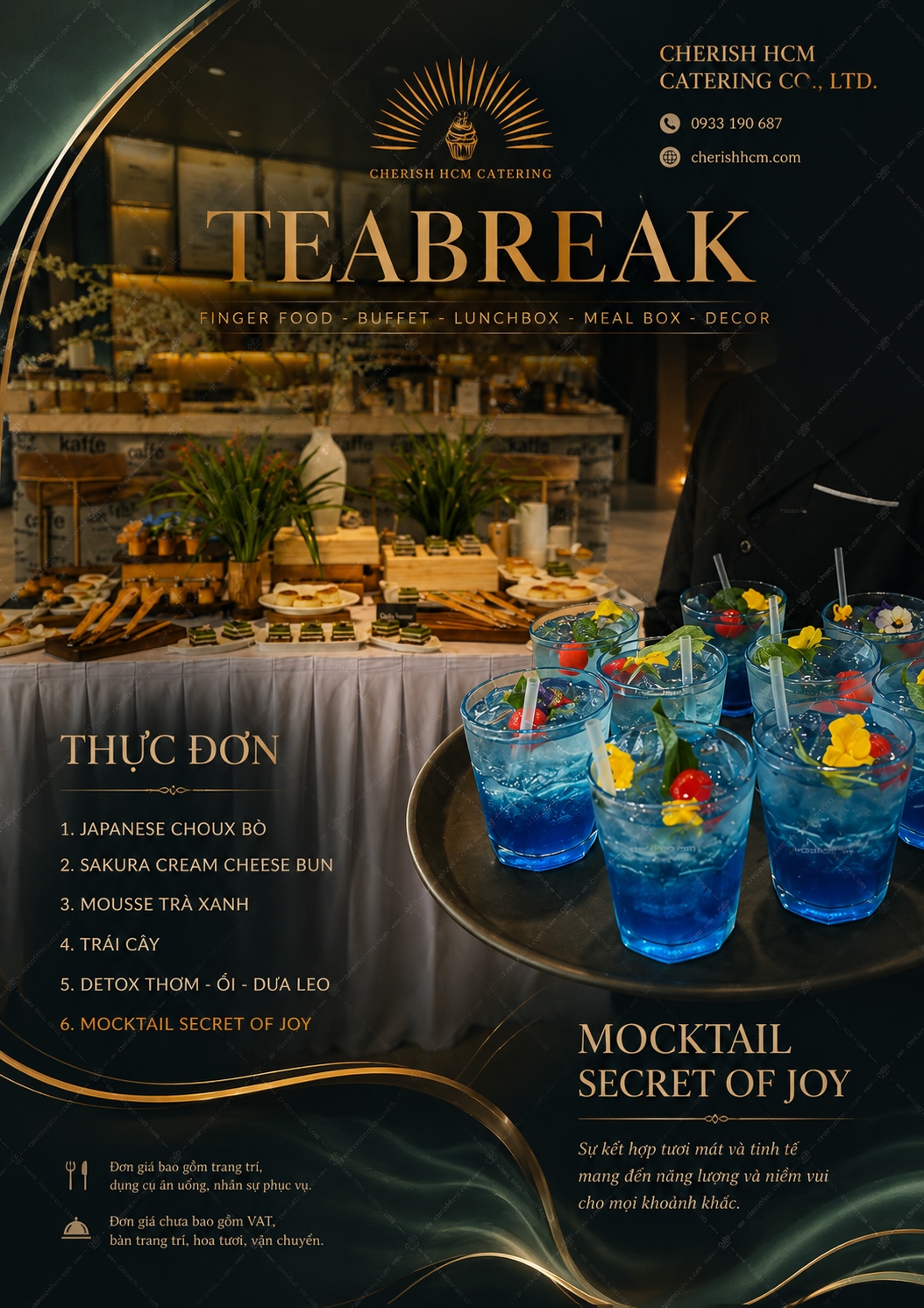 09526 Tiệc teabreak Sparkling Bánh, Trái cây, Nước, Mocktail